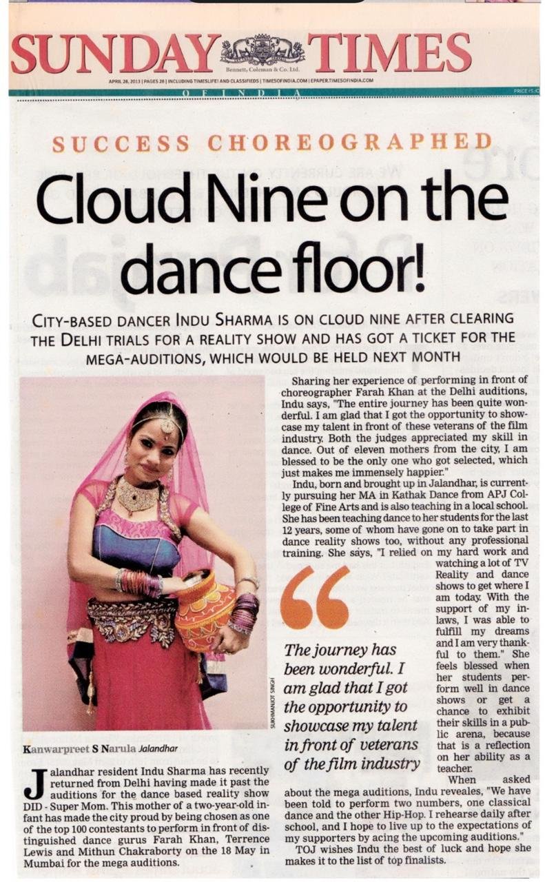Sunday Times of India clipping, 28 April 2013, headlined 'Cloud Nine on the dance floor!'
